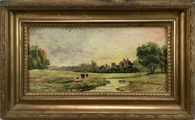 Lot 20 - Late Victorian English School oil on board - cattle before a castle, indistinctly inscribed, 35cm x 16.5cm, in gilt frame