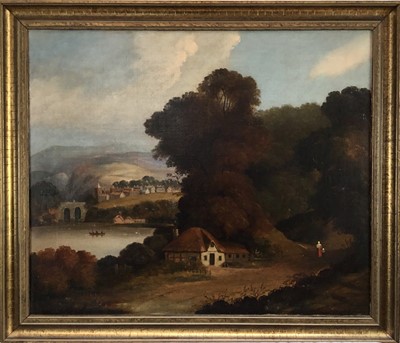 Lot 23 - 19th century English School oil on canvas - extensive landscape with a town beyond, 60cm x 50cm, in gilt frame