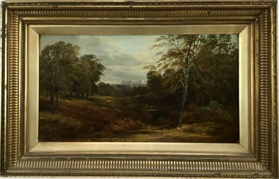 Lot 24 - Victorian English School oil on canvas - extensive landscape with Windsor Castle beyond, indistinctly signed, 45cm x 25cm, in gilt frame