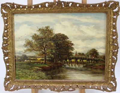 Lot 1160 - James Orock (1829-1913) oil on panel, figures on a bridge in rural landscape, signed and dated 1883, 30cm x 40cm, in gilt frame