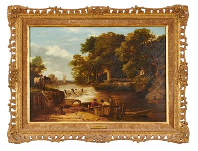 Lot 1162 - Frederick Richard Lee, figures beside a lock, in the manner of Constable