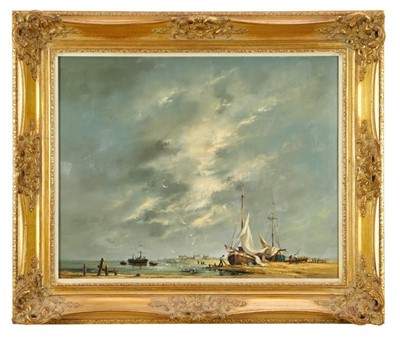 Lot 1157 - *Gudrun Sibbons (b. 1925) oil on canvas - marine scene ‘At Anchor’, signed