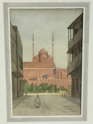 Lot 191 - Watercolour of Cairo by H.K Johnston 1924, together with two watercolours of Temples in Egypt by the same hand (3)