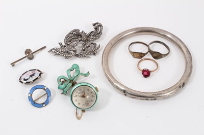Lot 183 - Small group of silver jewellery to include bangle, marcasite brooch, enamelled spherical watch with brooch fitting, two other enamelled brooches, military bar brooch and two signet rings