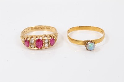 Lot 187 - Antique 18ct gold synthetic ruby and white stone ring together with opal ring