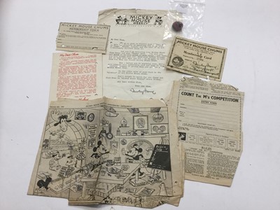 Lot 1530 - Mickey Mouse paraphernalia circa 1930s onwards to include an enamel Mickey Mouse Chums badge