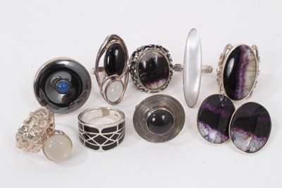 Lot 236 - Group silver rings set with semi precious gemstones including two blue john rings and similar pair clip on earrings, mother of pearl, moonstone and others (8 rings)