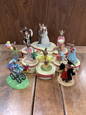 Lot 1294 - Royal Doulton Bunnykins Occasions Collection comprising- Christening Day Boy, Graduation Time, Wedding Day, Easter Treat, Easter Parade, Graduation Day, Love Heart, Christmas Morning, Birthday Girl...