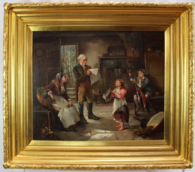 Lot 1170 - Kate Grey (act. 1848-1892) l oil on canvas - cottage interior with father reading the newspaper to his children, signed, 63cm x 75cm, in gilt frame