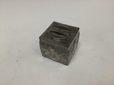 Lot 2675 - Art Nouveau Tudric pewter tea caddy/biscuit box and cover designed by Archibald Knox for Liberty, of square form with stylized flowers and leaves in grid formation, signed and numbered 0194, approx...