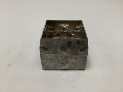 Lot 2675 - Art Nouveau Tudric pewter tea caddy/biscuit box and cover designed by Archibald Knox for Liberty, of square form with stylized flowers and leaves in grid formation, signed and numbered 0194, approx...