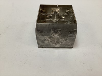 Lot 2675 - Art Nouveau Tudric pewter tea caddy/biscuit box and cover designed by Archibald Knox for Liberty, of square form with stylized flowers and leaves in grid formation, signed and numbered 0194, approx...
