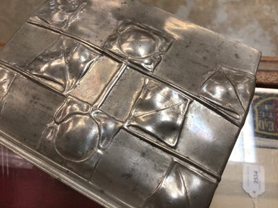 Lot 2675 - Art Nouveau Tudric pewter tea caddy/biscuit box and cover designed by Archibald Knox for Liberty, of square form with stylized flowers and leaves in grid formation, signed and numbered 0194, approx...