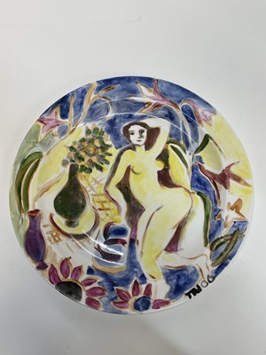 Lot 1295 - *Tessa Newcomb (b.1955) - hand-painted plate - ‘Nude in an 
interior’, dated 2006