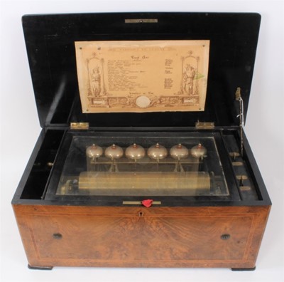 Lot 820 - Fine late 19th century Swiss musical box playing 20 airs striking on six 
bells in figured walnut case