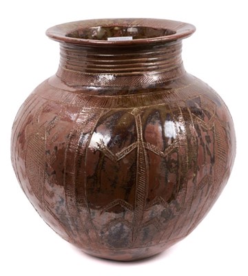 Lot 72 - Ladi Kwali, MBE, (Nigerian  1925-1984) large pottery water pot with incised designs of birds, insects and fish in a sgraffito style, the base rim marked 'LK', for a very similar pot see Bonhams Mod...