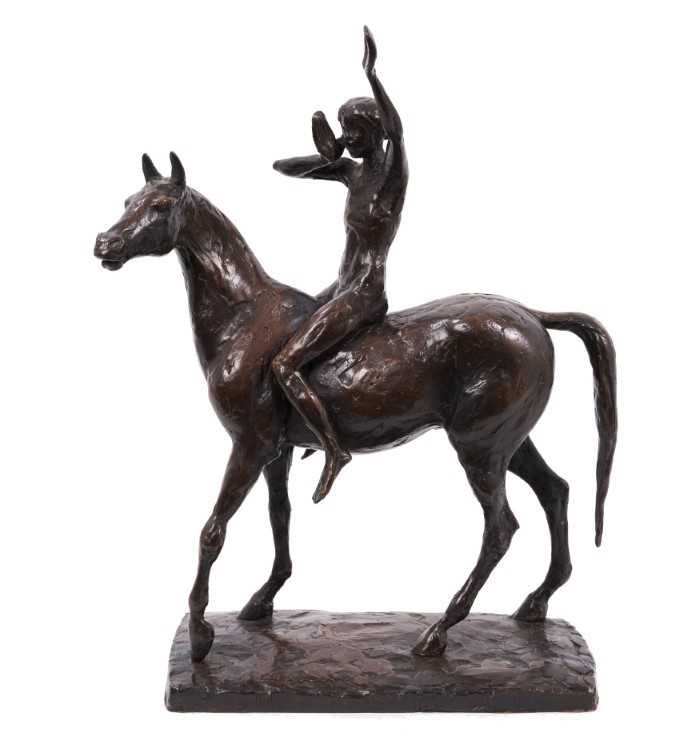 Lot 1054 - David Wynne (1926-2014) bronze sculpture of a figure on a horse, maquette for The Messenger, 23cm wide  
N.B. created 1981, commissioned by Business Press International Ltd