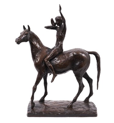 Lot 1054 - David Wynne (1926-2014) bronze sculpture of a figure on a horse, maquette for The Messenger, 23cm wide  
N.B. created 1981, commissioned by Business Press International Ltd