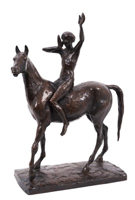 Lot 1054 - David Wynne (1926-2014) bronze sculpture of a figure on a horse, maquette for The Messenger, 23cm wide  
N.B. created 1981, commissioned by Business Press International Ltd