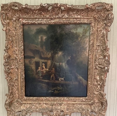 Lot 1066 - 19th century Norwich school oil on panel - figures outside a cottage, 19cm x 17cm