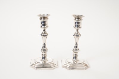 Lot 206 - Pair of George I style dwarf candlesticks, by Goldsmiths and Silversmiths, 1937