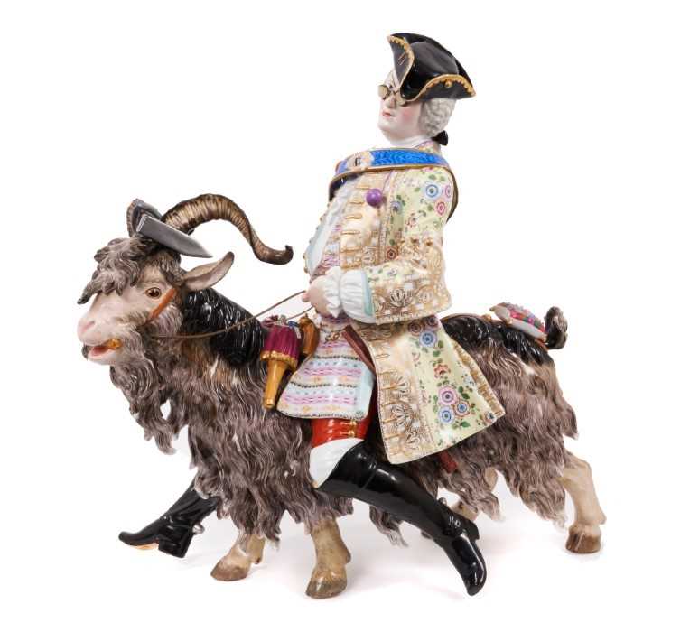 Lot 2 - Impressive 19th century Meissen figure of count Bruhl’s Tailor on a goat (some damage and restoration)