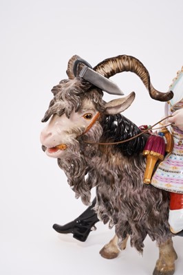 Lot 2 - Impressive 19th century Meissen figure of count Bruhl’s Tailor on a goat (some damage and restoration)
