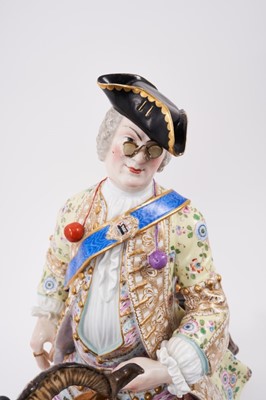Lot 2 - Impressive 19th century Meissen figure of count Bruhl’s Tailor on a goat (some damage and restoration)