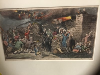 Lot 213 - Ernest Prater watercolour illustration, together with a Regency coloured engraving, pencil sketch of a castle and other pictures