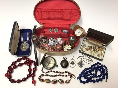 Lot 64 - Silver pendants, vintage bead necklaces, brooches, wristwatches, sovereign holder and medal