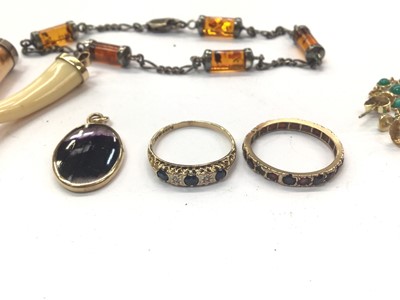 Lot 718 - 9ct gold sapphire and diamond ring, eternity ring, blue John pendant in 9ct gold mount, three other pendants, pair turquoise cabochon drop earrings and a silver amber bracelet
