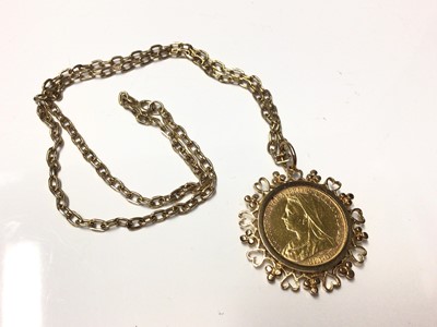 Lot 14 - Victorian gold sovereign in 9ct gold pendant mount on chain