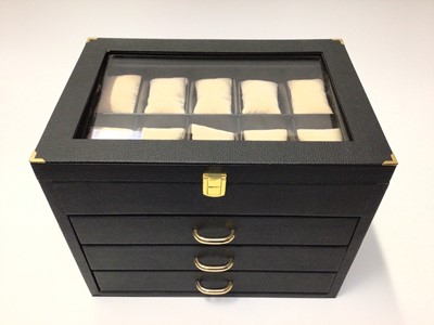 Lot 20 - Italian black leather three draw watch display box with glazed hinged lid