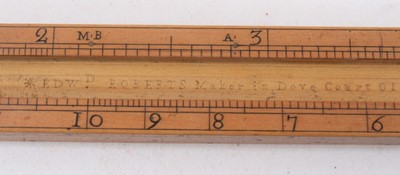 Lot 828 - Rare 18th century boxwood rule with three slides, each with measurements, the removeable rules with Ale, Wine, Malt etc, measurements for use by Customs & Excise in the brewery trade. Stamped 'E. R...