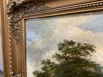 Lot 1174 - Robert Burrows (1810-1883) oil on canvas - extensive river landscape with figure in a punt, signed, 61cm x 91cm, in gilt frame