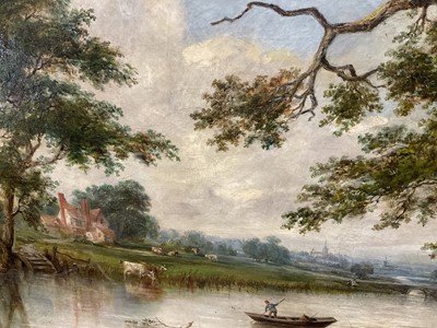 Lot 1174 - Robert Burrows (1810-1883) oil on canvas - extensive river landscape with figure in a punt, signed, 61cm x 91cm, in gilt frame