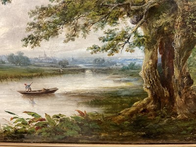 Lot 1174 - Robert Burrows (1810-1883) oil on canvas - extensive river landscape with figure in a punt, signed, 61cm x 91cm, in gilt frame
