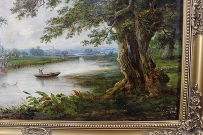 Lot 1174 - Robert Burrows (1810-1883) oil on canvas - extensive river landscape with figure in a punt, signed, 61cm x 91cm, in gilt frame
