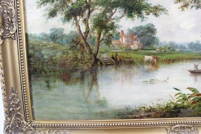 Lot 1174 - Robert Burrows (1810-1883) oil on canvas - extensive river landscape with figure in a punt, signed, 61cm x 91cm, in gilt frame