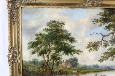 Lot 1174 - Robert Burrows (1810-1883) oil on canvas - extensive river landscape with figure in a punt, signed, 61cm x 91cm, in gilt frame