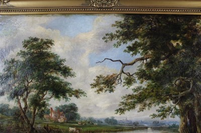 Lot 1174 - Robert Burrows (1810-1883) oil on canvas - extensive river landscape with figure in a punt, signed, 61cm x 91cm, in gilt frame