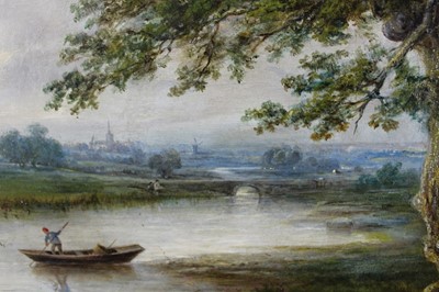 Lot 1174 - Robert Burrows (1810-1883) oil on canvas - extensive river landscape with figure in a punt, signed, 61cm x 91cm, in gilt frame