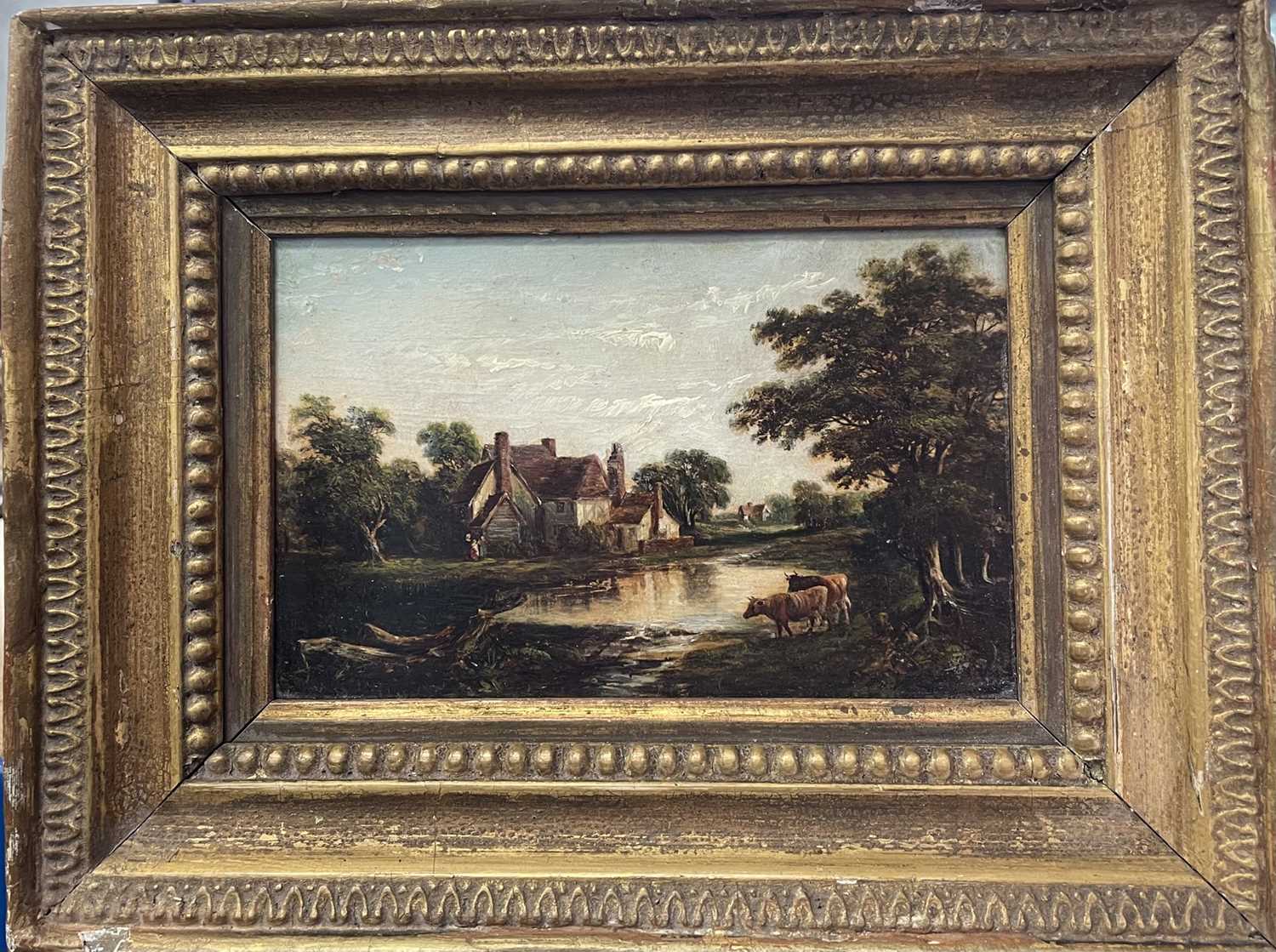 Lot 1151 - Robert Burrows (1810-1883) oil on panel - rural landscape, possibly Pond Hall, 10cm x 16cm, in gilt frame