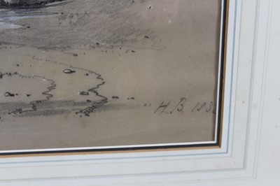 Lot 1255 - Henry Bright (1810-1873) pencil and chalk - bridge over a stream, initialled and dated 1832, 26cm x 37cm, in glazed frame