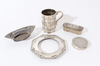 Lot 368 - Victorian silver christening mug London 1897, silver powder box, silver photograph frame mount, silver bon bon dish and a silver mounted glass trinket pot