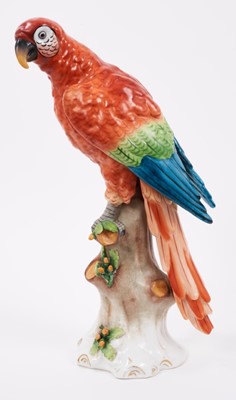 Lot 25 - Large continental porcelain model of a parrot, possibly Samson, naturalistically modelled and hand painted, gold anchor mark to the base, 35cm high