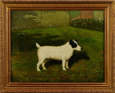 Lot 1043 - William Albert Clark (1880 - 1963), oil on canvas, 
A mainly white terrier named Jim standing by  
a croquet hoop in a garden, signed, inscribed and dated 1944, in gilt frame. 
34 x 45cm.