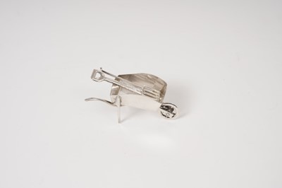 Lot 237 - Contemporary silver novelty wheel barrow with fork, spade and half moon cutter (London 1989/90)