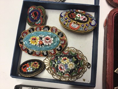 Lot 47 - Group of vintage costume jewellery to include a silver enamel and marcasite orchid brooch, Edwardian silver watch chain, two miniature silver photograph frames, two silver coin pendants, bead neckl...