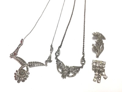 Lot 47 - Group of vintage costume jewellery to include a silver enamel and marcasite orchid brooch, Edwardian silver watch chain, two miniature silver photograph frames, two silver coin pendants, bead neckl...